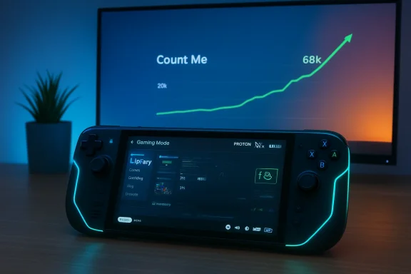 A neon-lit handheld gaming console on a desk faces a monitor displaying a rising line chart.