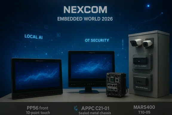 NEXCOM Embedded World 2026 display featuring local AI, OT security, and rugged industrial PCs.