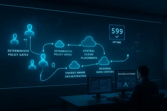 Blue neon schematic of cloud network with policy gates, data centers, and orchestration.