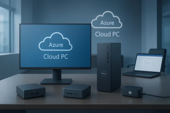 Dell desktop setup with monitor displaying Azure Cloud PC logo. Dell desktop setup with monitor displaying Azure Cloud PC logo.