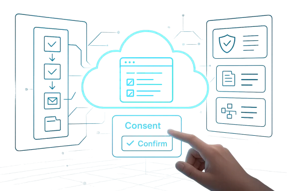 A hand taps a glowing cloud icon on a digital interface featuring a consent and confirm button.