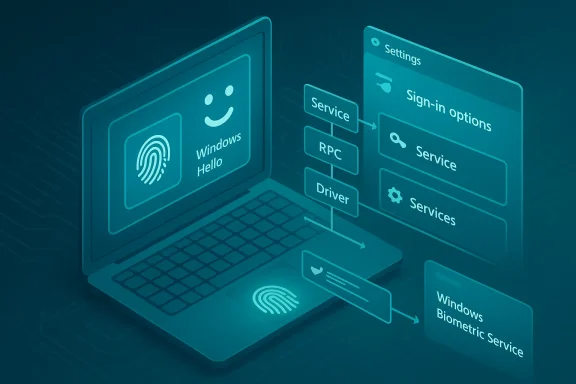 Diagram of Windows Hello biometric login and service flow on a laptop.