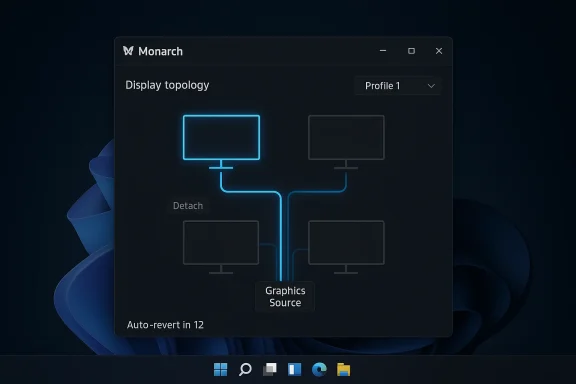 Monarch app displaying a multi-monitor topology with connected screens. Monarch app displaying a multi-monitor topology with connected screens.