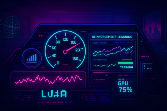 Neon futuristic dashboard displaying reinforcement learning metrics, training progress, and GPU usage.