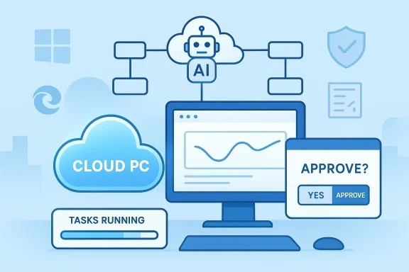 AI-powered Cloud PC with task progress and an approval prompt.
