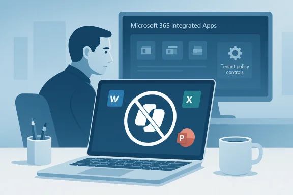 A worker at a desk watches a laptop with a no symbol over Word/Excel/PowerPoint icons.