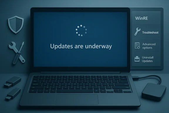 Laptop displays 'Updates are underway' with a right-side repair tools panel.