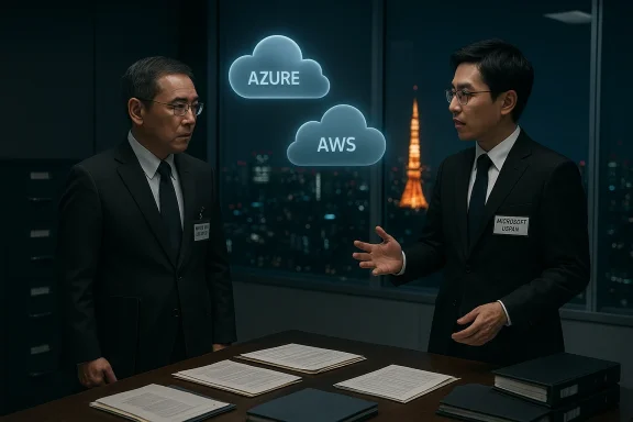 Two business executives discuss Azure and AWS cloud services in a nighttime city office.