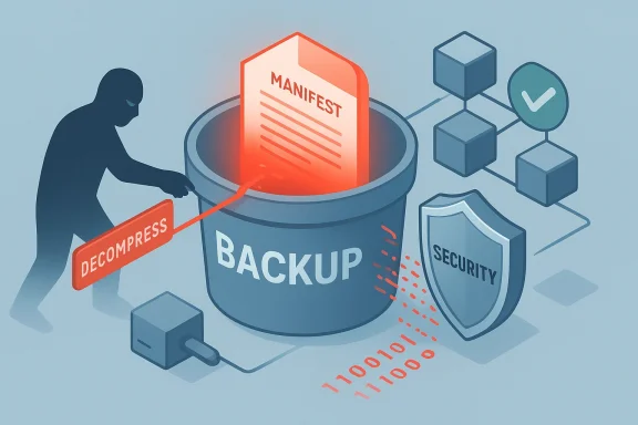 A hacker-like figure decompresses a backup manifest, while a security shield guards the data.