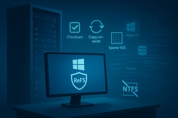 Data-center workspace with a monitor displaying Windows ReFS and NTFS storage icons.