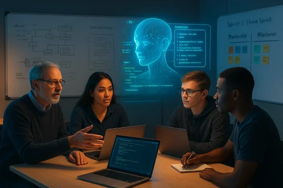 A diverse team of four collaborates around laptops as a holographic AI brain glows on the wall.