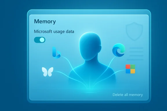 Blue holographic memory screen featuring a user silhouette, data icons, and a Delete all memory option.