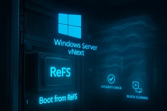 Futuristic neon-blue server rack displaying Windows Server vNext and ReFS. Futuristic neon-blue server rack displaying Windows Server vNext and ReFS.
