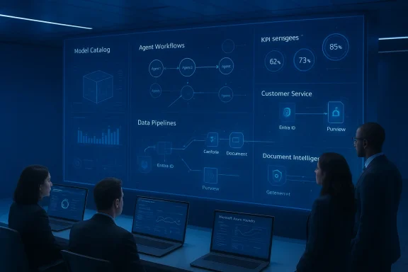 A team reviews a wall-sized digital dashboard with models, workflows, and KPIs.