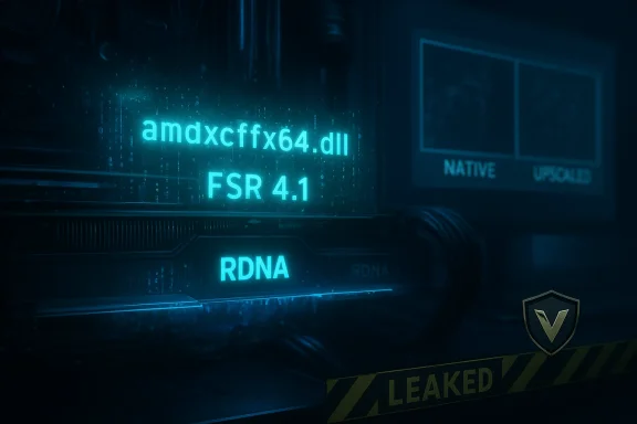 Blue-lit computer hardware displays amdxcffx64.dll and FSR 4.1 with RDNA, beneath a LEAKED tape.