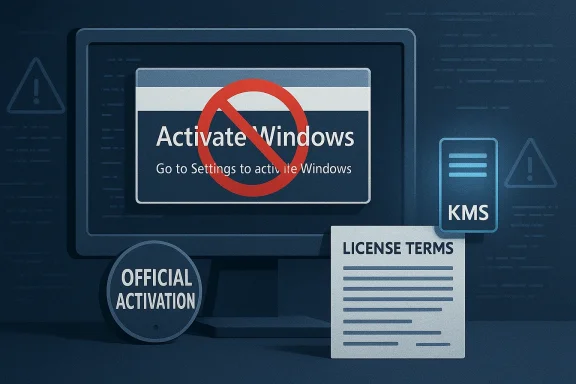 PC screen shows 'Activate Windows' with a red prohibition symbol and license terms.