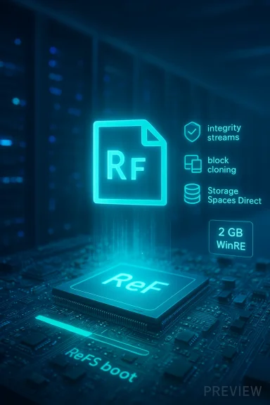 A glowing holographic ReFS file icon hovers above a circuit board, highlighting storage features.