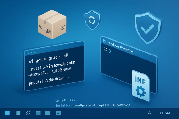 Blue tech illustration showing Winget commands, a PowerShell window, and update/security icons.