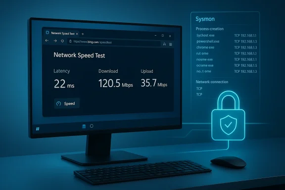 Monitor displays a Network Speed Test: latency 22 ms, down 120.5 Mbps, up 35.7 Mbps, with a glowing security panel.