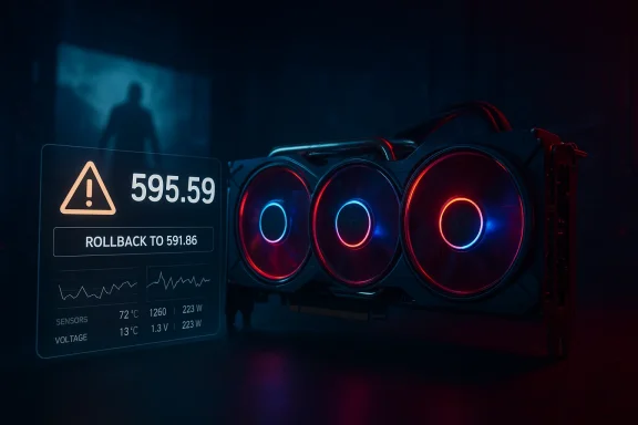 RGB-lit graphics card with three illuminated fans beside a holographic warning panel.
