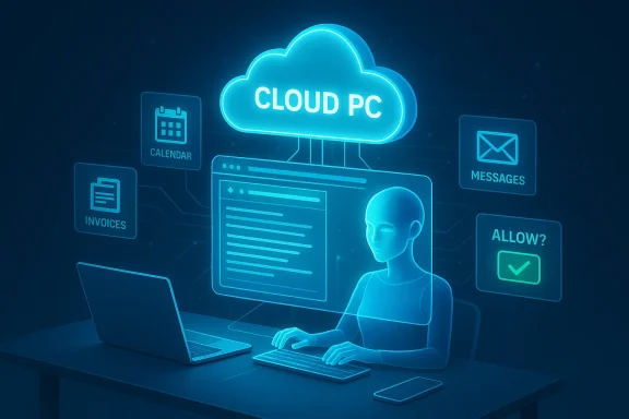 Neon blue cloud PC concept with a person typing at a laptop.