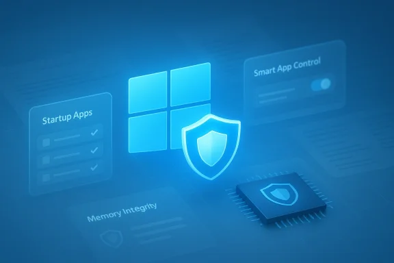 Blue security concept featuring Windows logo, shield, and secure hardware elements.