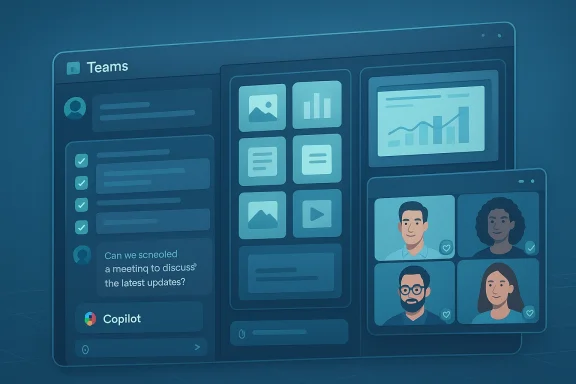 Illustration of a Teams interface with chat, app grid, charts, and video tiles.