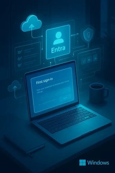 A futuristic blue Windows login scene on a laptop with holographic cloud and security icons.