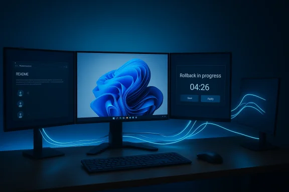 A four-monitor workstation bathed in blue light, showing a rollback in progress on one screen.