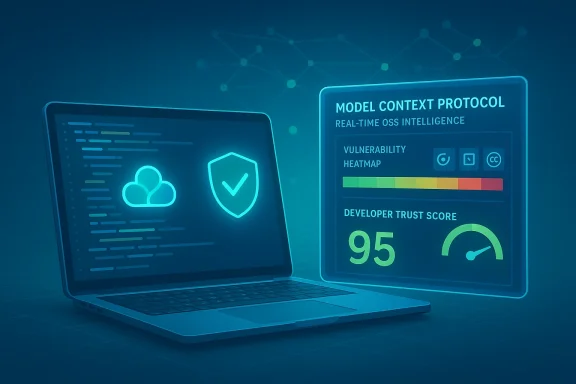 Futuristic laptop displaying a security shield and a holographic trust-score dashboard.