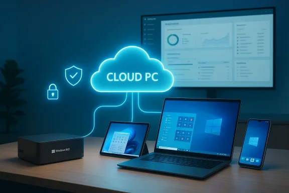 Neon cloud PC links laptop, tablet, and phone to a cloud-based workspace. Neon cloud PC links laptop, tablet, and phone to a cloud-based workspace.
