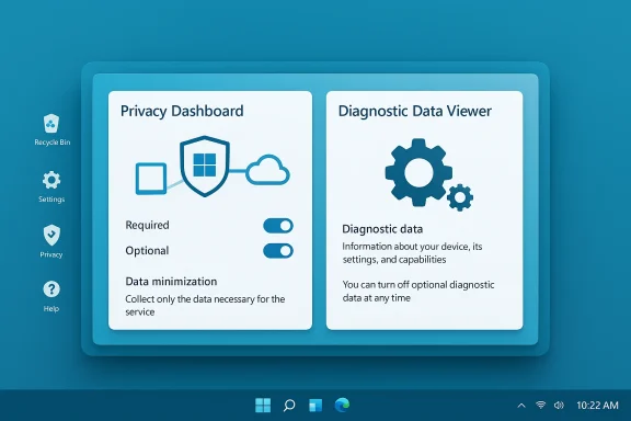 Blue UI showing Privacy Dashboard and Diagnostic Data Viewer panels on a layered screen.