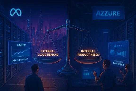 Data center scene with scales balancing external cloud demand and internal product needs.