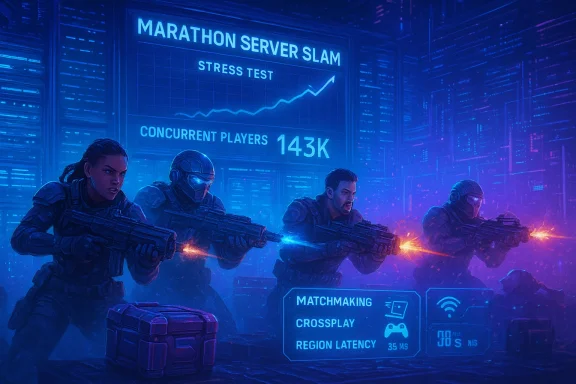 Four armored soldiers sprint through a neon-lit data center during the Marathon Server Slam.