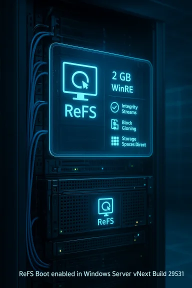 Blue neon signage on a server rack highlights ReFS features in Windows Server vNext.