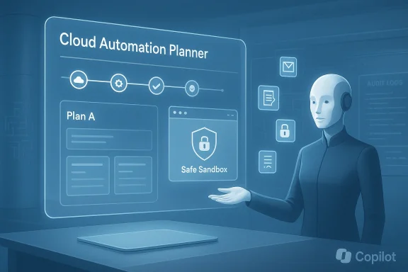 A humanoid robot demonstrates a Cloud Automation Planner interface.