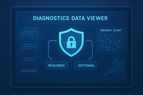 Diagnostics Data Viewer UI featuring a shielded lock and memory dump panel.