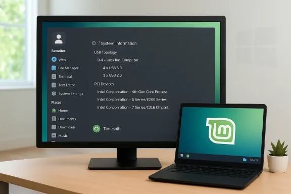 A monitor displays system information on Linux Mint, with a Mint laptop on a wooden desk.