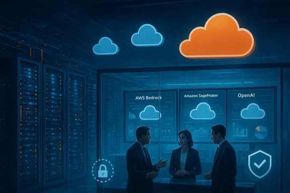 Three professionals discuss AI cloud services in a data center as cloud icons glow above and server racks line the room.