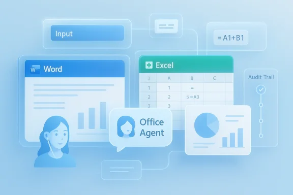 Blue-toned collage of Word and Excel interfaces with charts and an Office Agent chat bubble.