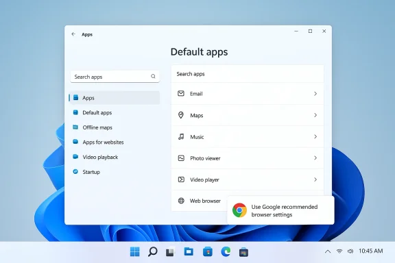 Windows-style Settings window showing Default apps with a searchable list and a browser prompt.