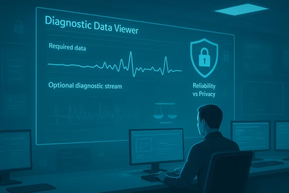 Person monitors a large screen labeled Diagnostic Data Viewer with graphs and a security shield.