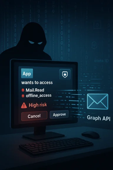 A hooded hacker silhouette watches a monitor displaying a high-risk app access prompt.
