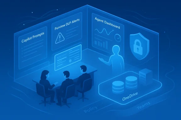 Isometric blue dashboard scene: team reviews Copilot Prompts, Purview DLP Alerts, and Agent Dashboard.