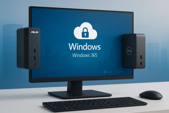 Desktop monitor shows Windows 365 cloud with a lock icon, flanked by two external PC units.