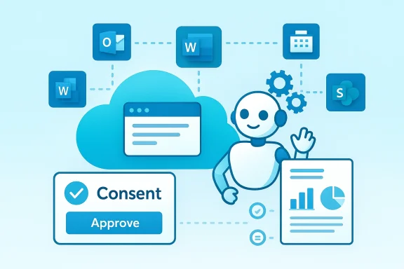 Robot assistant coordinating cloud-based consent approval across Microsoft 365 apps.