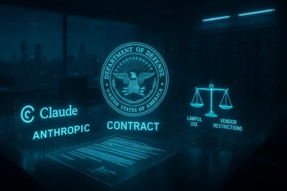A neon holographic display features the DoD seal, a contract, and vendor restrictions in a high-tech room.