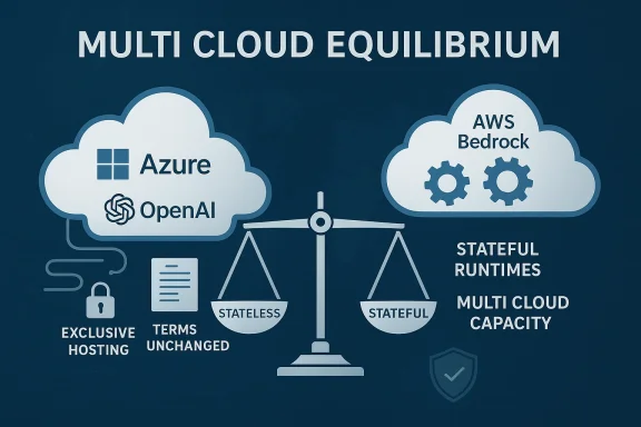 Multi-cloud equilibrium balancing Azure OpenAI and AWS Bedrock for stateless vs stateful runtimes.