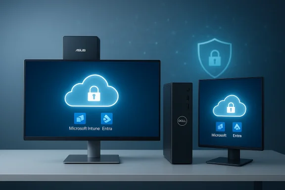 Cloud security depicted on dual monitors for Microsoft Entra/Intune device management. Cloud security depicted on dual monitors for Microsoft Entra/Intune device management.