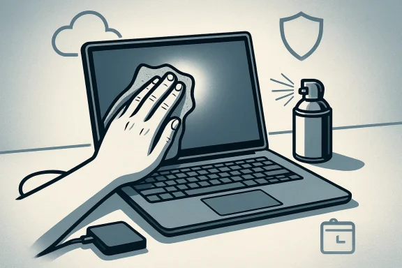 A hand cleans a laptop screen with a cloth and spray bottle.